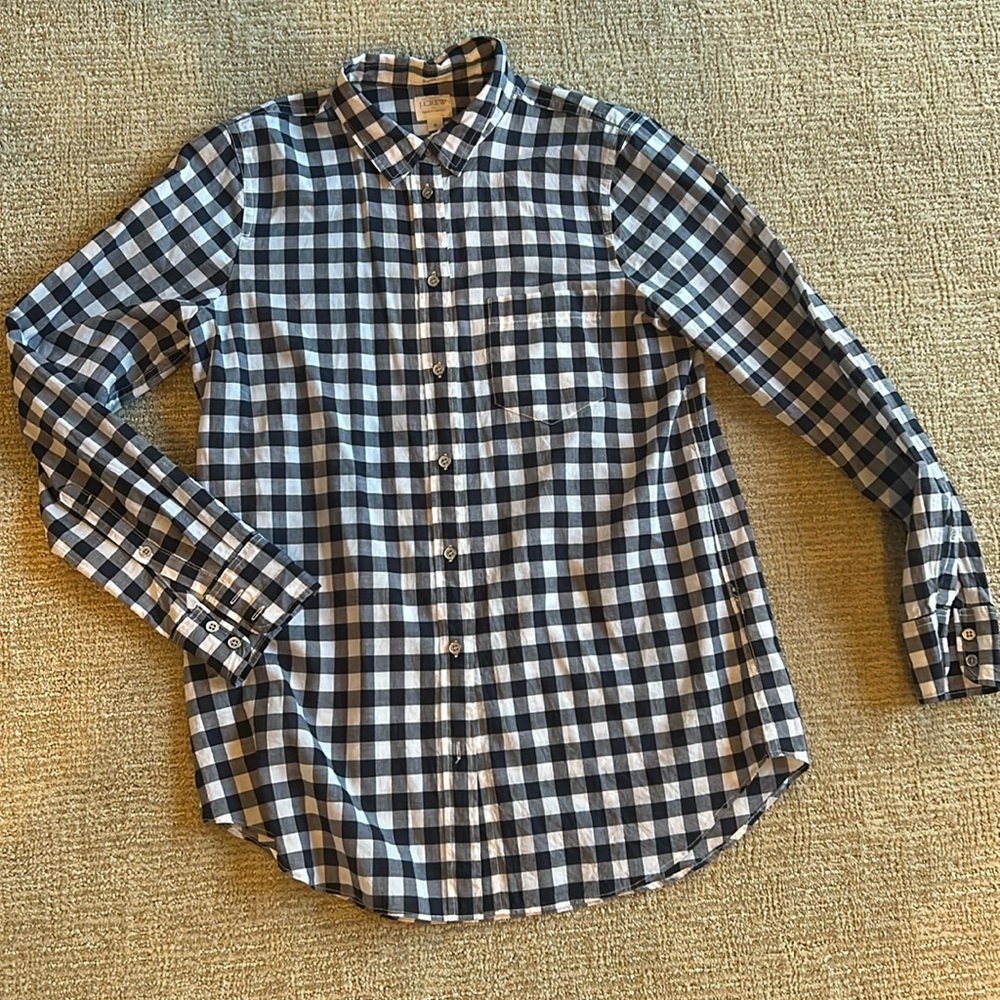 J. Crew Gingham Blue and White Boyfit Shirt